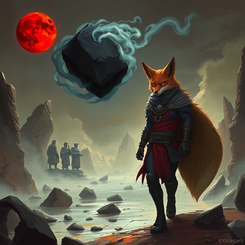 AI generated: Beneath a blood-red moon, the fox mage strides through a desolate wasteland. Jagged rocks and broken...