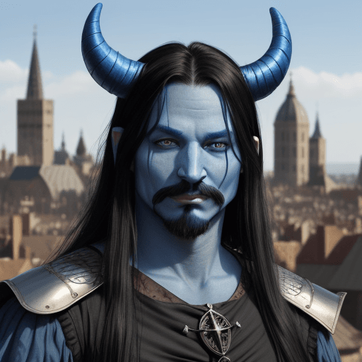 AI generated: realistic blue man with long black hair and devil horns with facial hair wearing medieval clothing w...