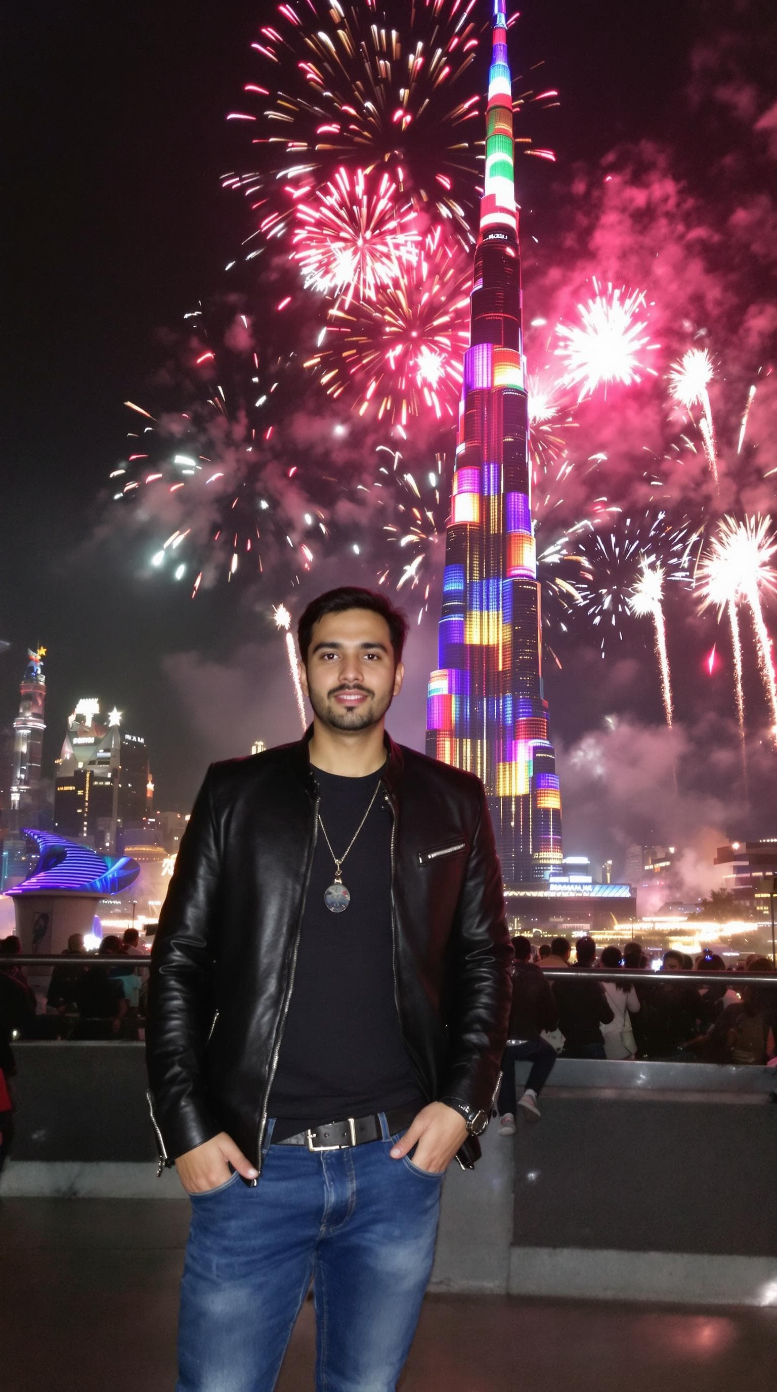 AI generated: A person standing against the backdrop of Dubai's UAE National Day fireworks display, 
with the icon...