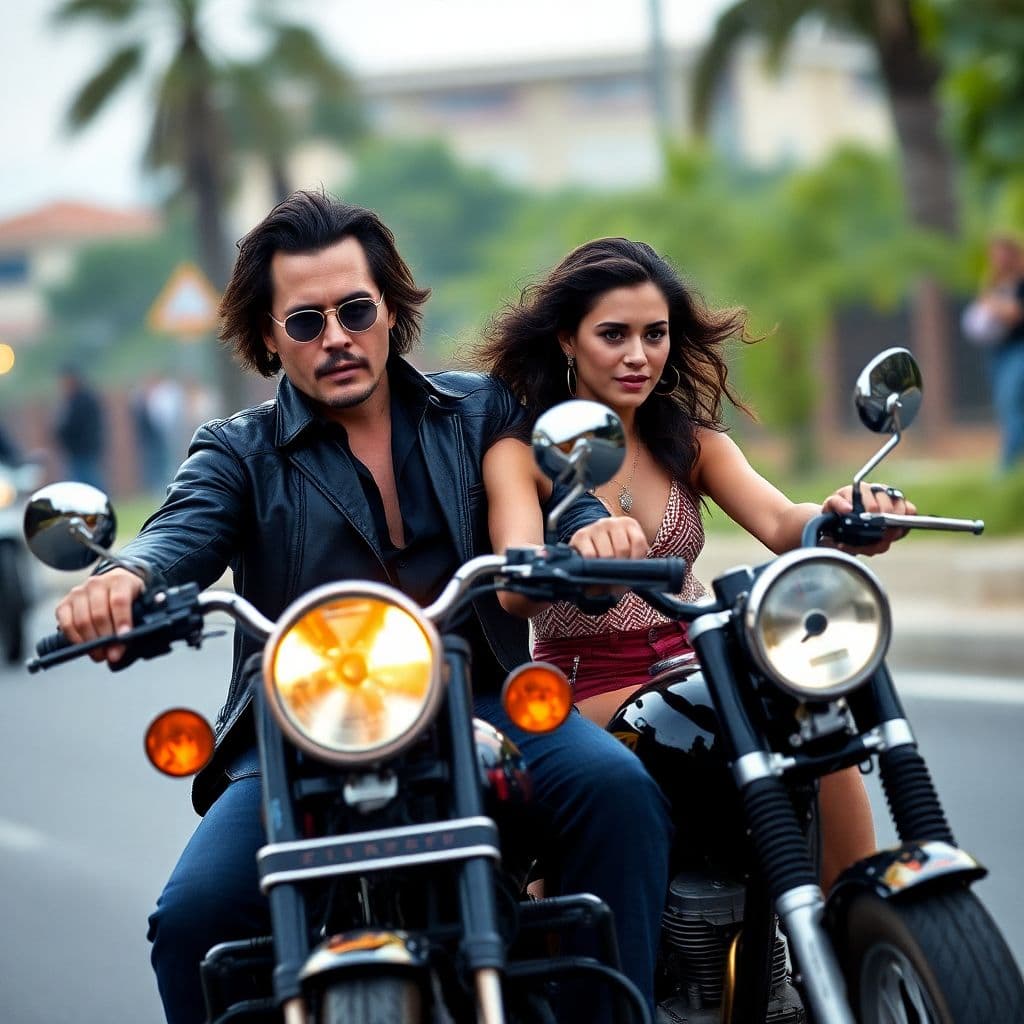 AI generated: a scene from the movie on the motorbike of Johnny Depp and Andjelina Dzoli
