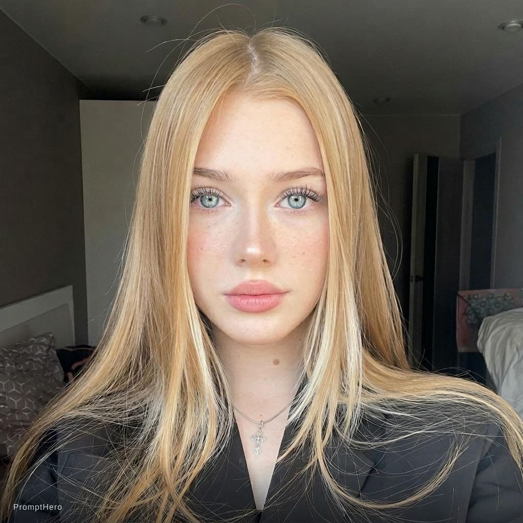 AI generated: photorealistic portrait of a young woman, same pose and composition as reference, same indoor bedroo...