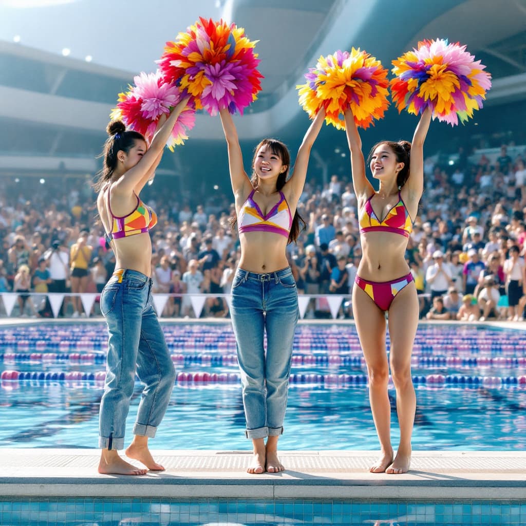 AI generated: Three Korean cheerleader, Coloriful bra, Long skinny jeans, barefoot, big pon pon, they cheer on the...