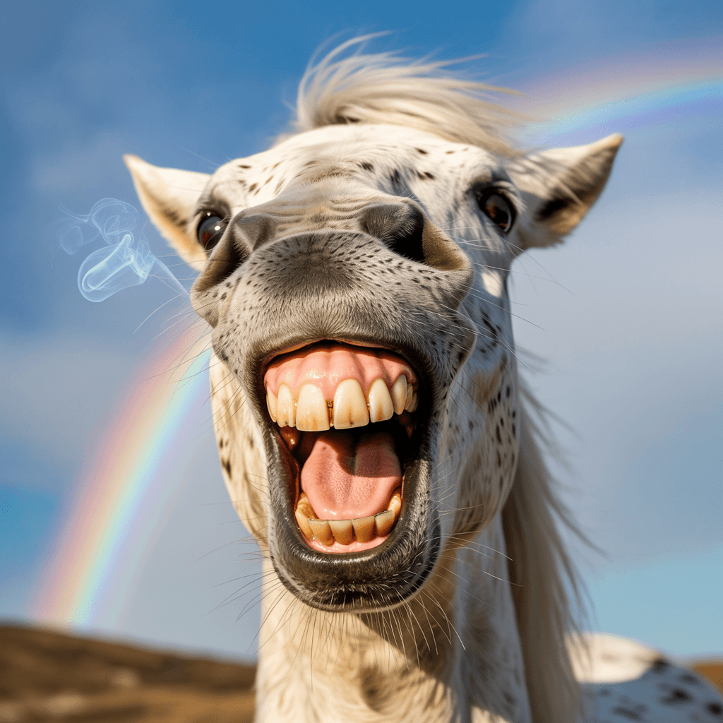 AI generated: Close-up portrait of a laughing horse, extreme close-up with a large exaggerated face filling most o...