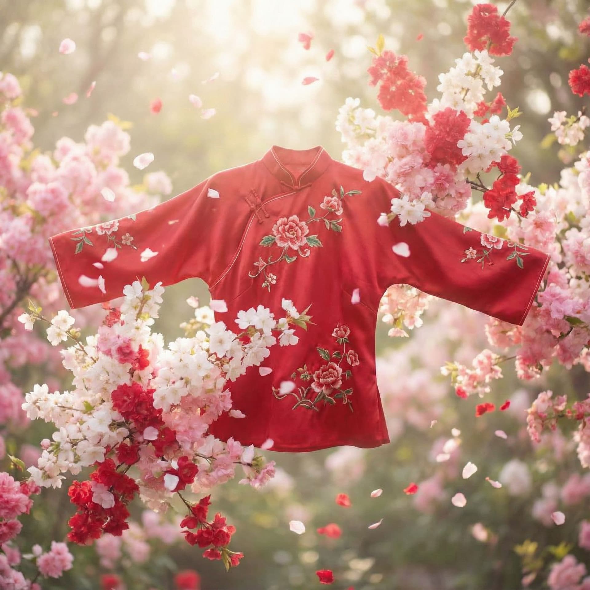 AI generated: chinese red blouse, in the style of dreamy and romantic compositions, floral explosions --ar 24:37 -...