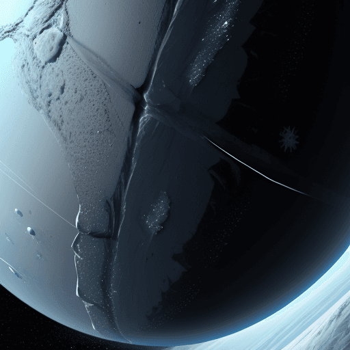 AI generated: visual representation of a distant, icy planet seen from space. Emphasize the unique features of a w...