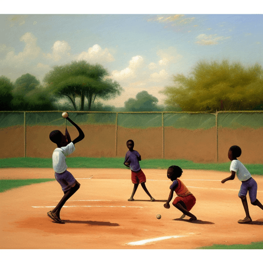 AI generated: impressionism oil painting, low quality, african style, kids playin baseball in the background, satu...
