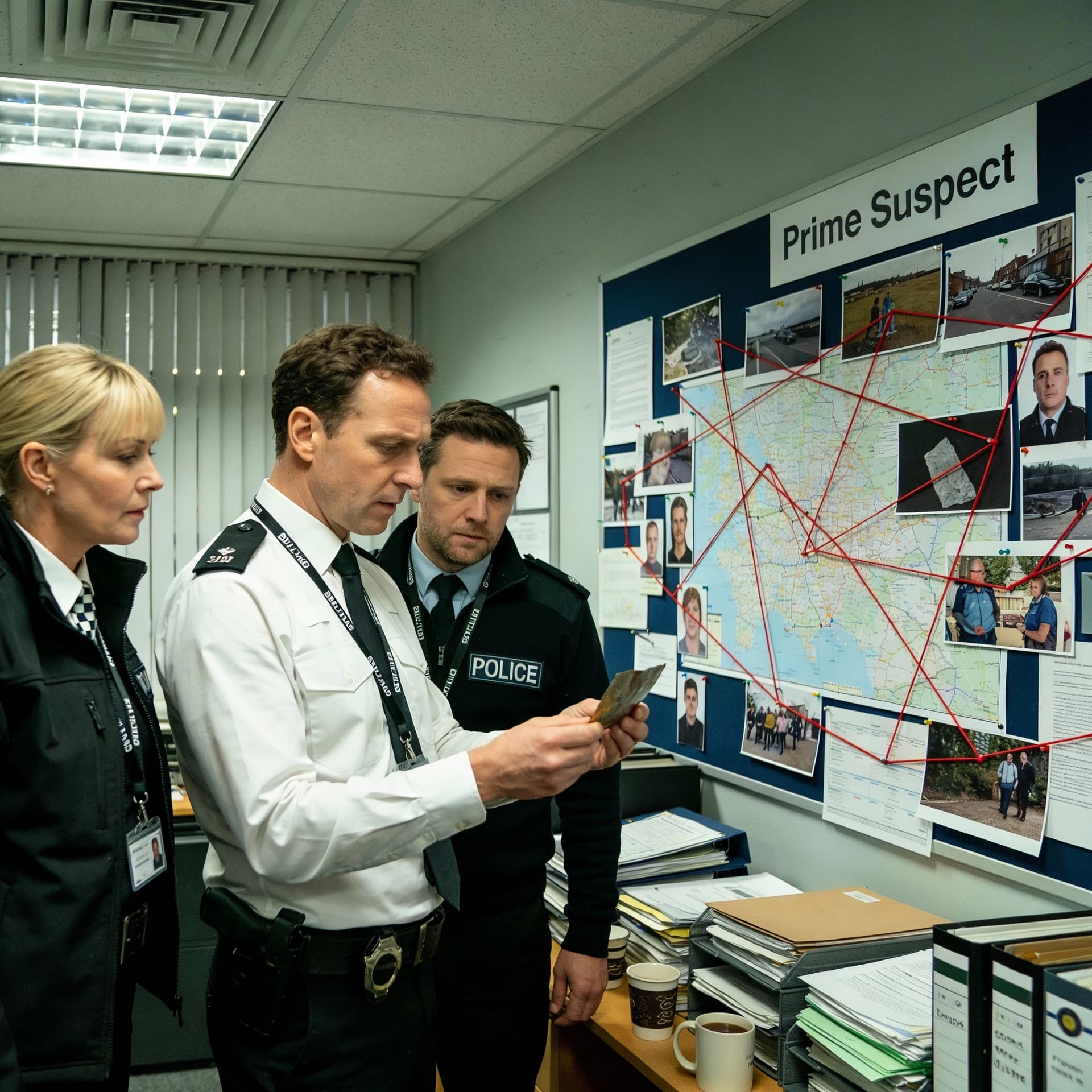 AI generated: A serious, muted-toned group shot inside the Derbyshire police station incident room. The person is ...