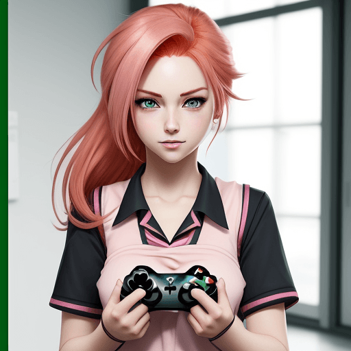 AI generated: women(anime) with pink/red hair, blushed, with school uniform handing a joystick of xbox