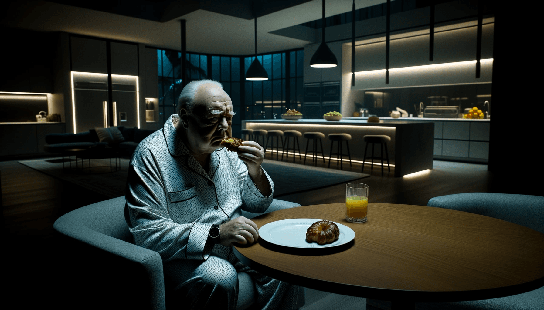 AI generated: Create a hyper-realistic, vibrant portrait of a Winston Churchill in his pyjamas eating a midnight s...