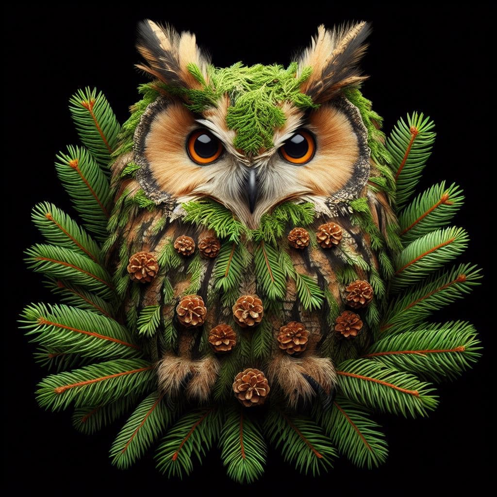 AI generated: owl with fur made of coniferous leafs, in the style of pet lover, beautiful aesthetic