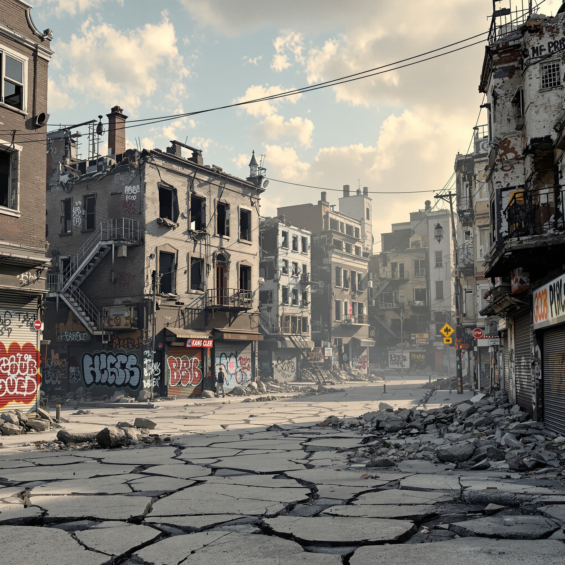 AI generated: 3D illustration of deserted destroyed urban ghetto buildings, hip hop project buildings with graffit...