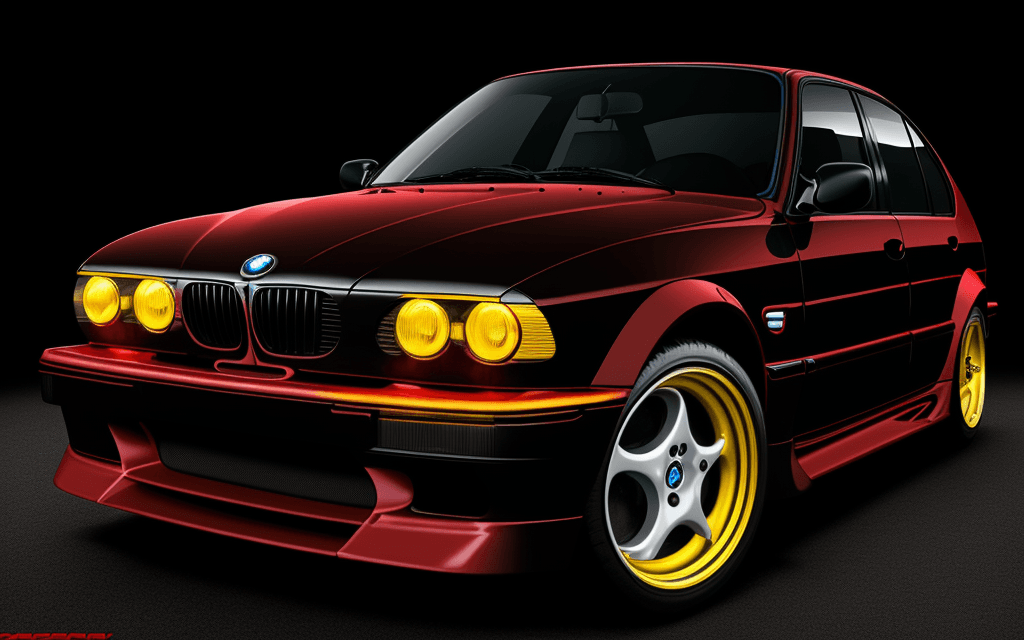 AI generated: dark red black and yellow neon lights bmw_e series model 1995 bmw frozen 
