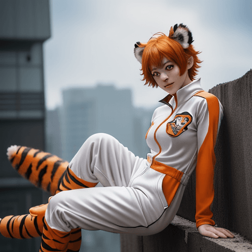 AI generated: female character design, my hero academia, MHA, BNHA, Hero costume, tiger ear and tail, short orange...