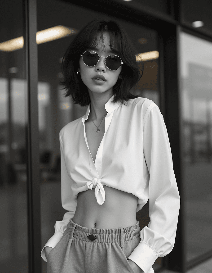 AI generated: monochrome High fashion black and white upper body photo of a slim, small breast, flat chest, abs, y...