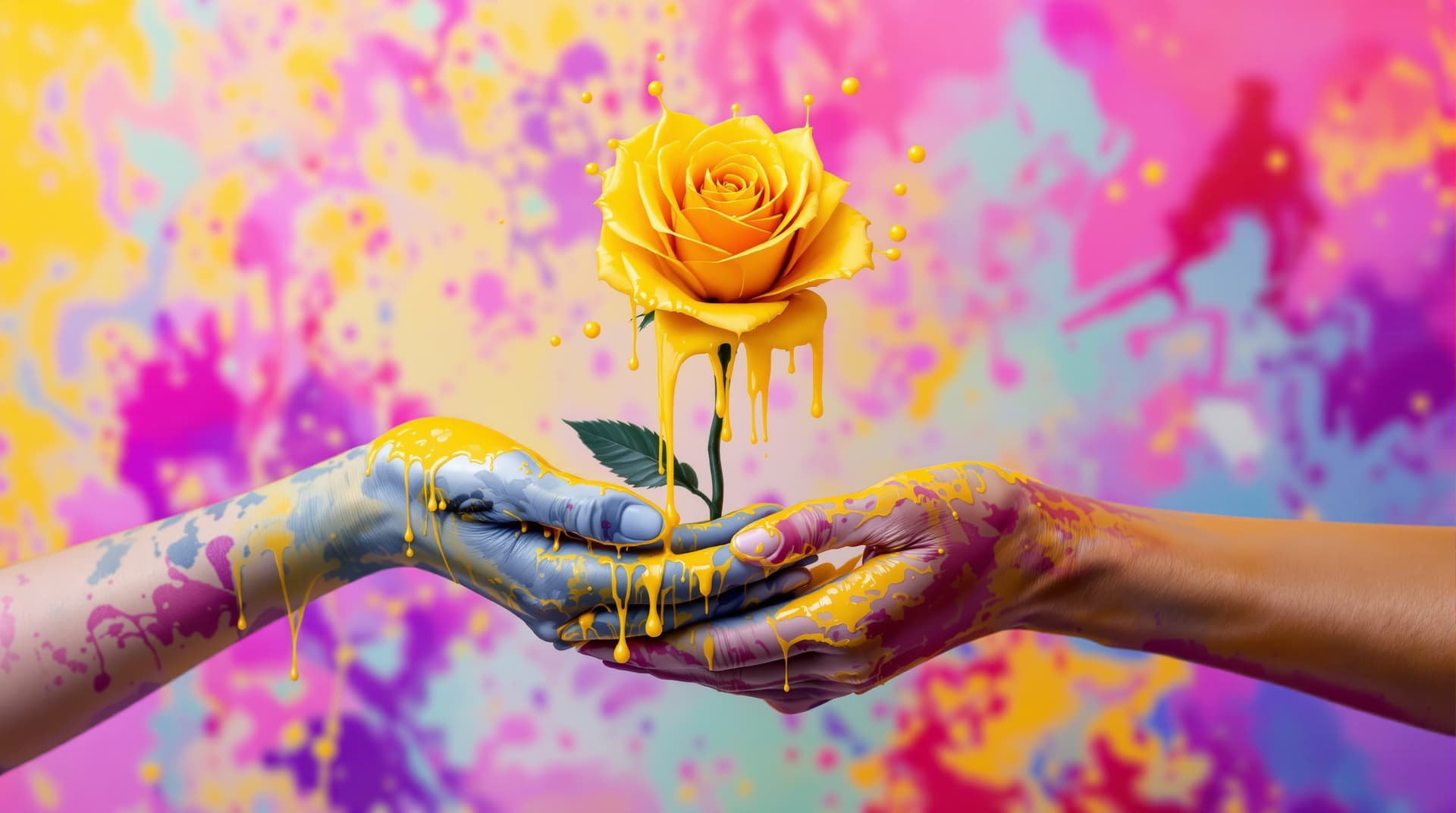 AI generated: macro view of  two hands with asiatic tatoo skin, giving   a  yellow  rose ,the flower is made of dr...
