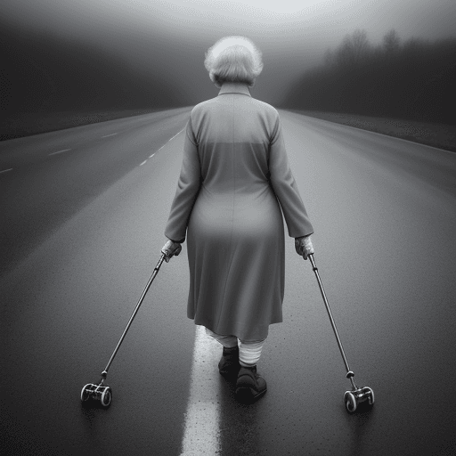 AI generated: Professional photo of an old woman, grey atmosphere, overcast, high definition, hunched back, walkin...