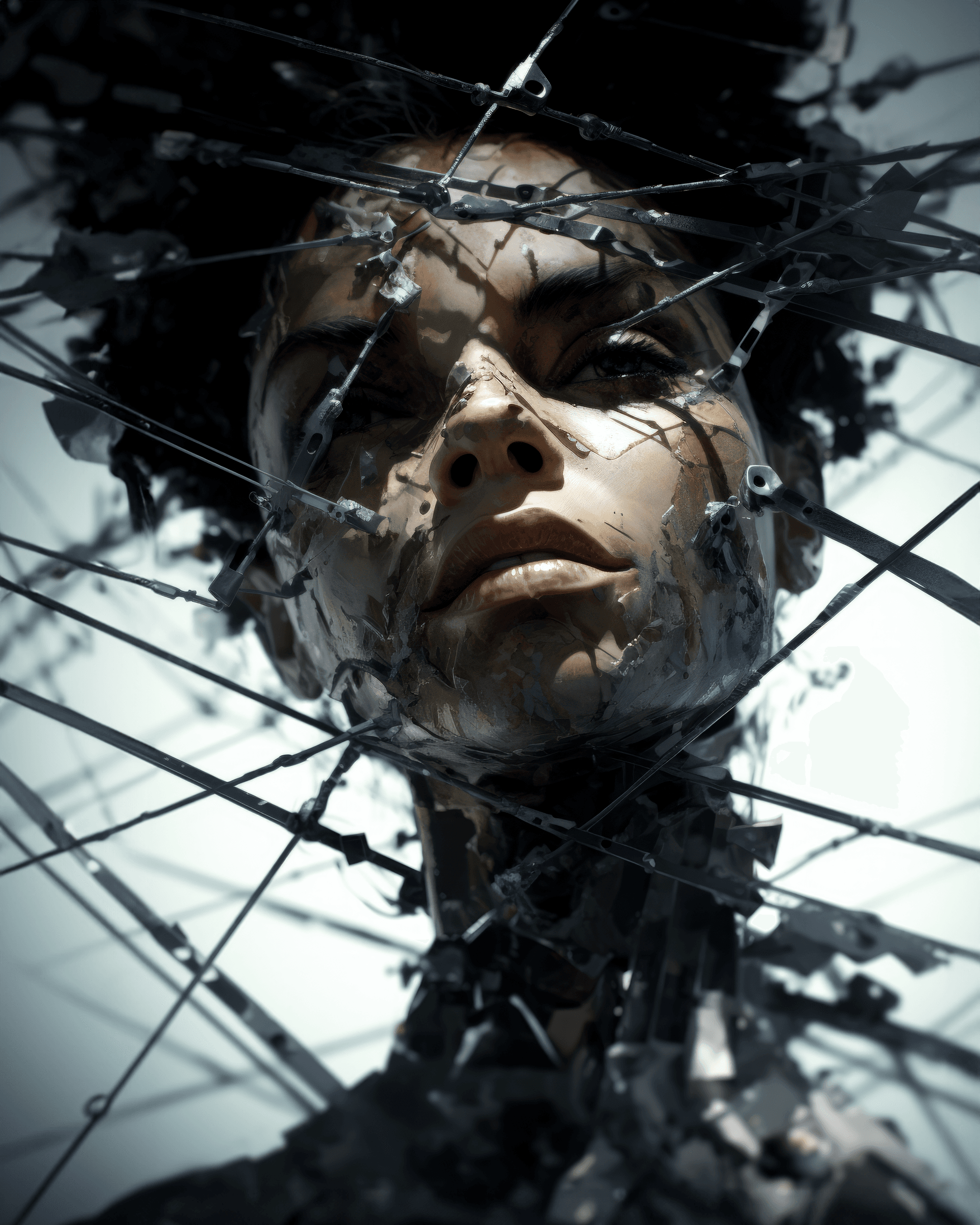 AI generated: the woman is seen with her hair hanging on some strings, in the style of photorealist details, inten...