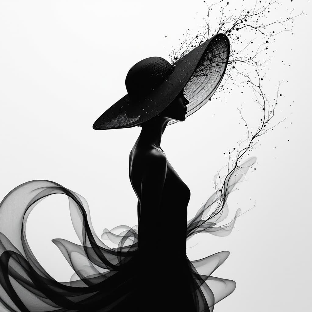 AI generated:  a woman in a black dress is wearing a big hat to the right, in the style of clever use of negative ...