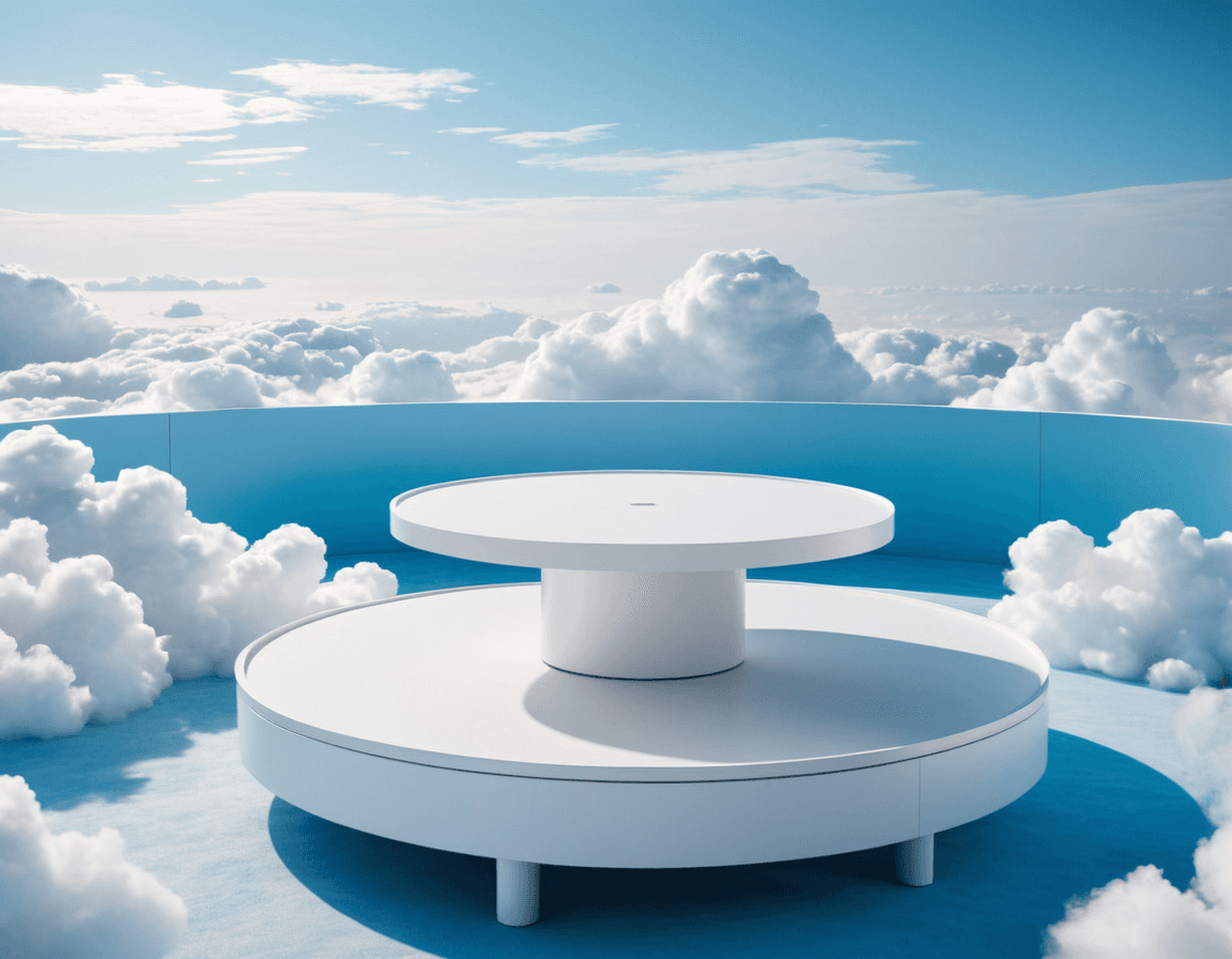AI generated: a white platform in the middle of the clouds, trending on cg society, sky blue and white color schem...