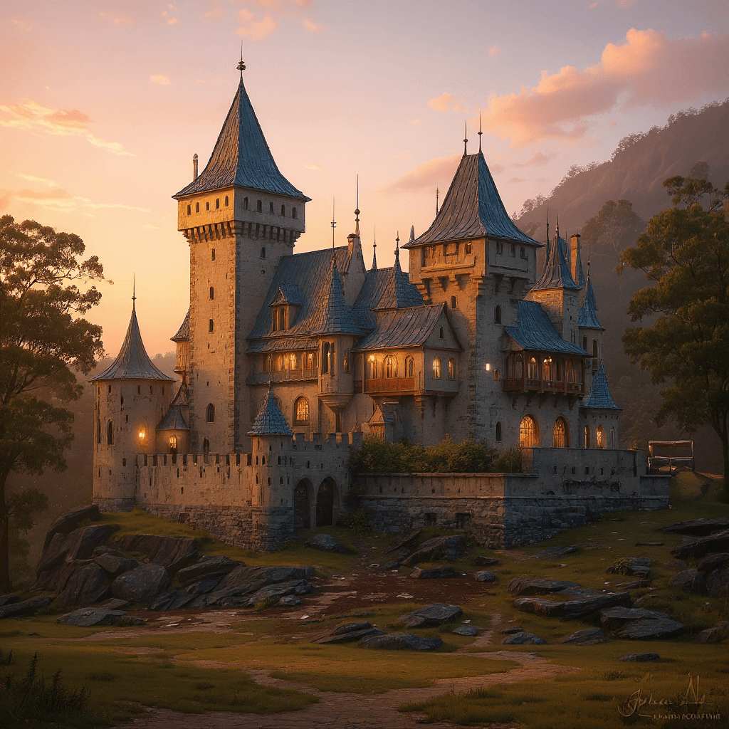AI generated: Early morning sunrise a beautiful amazing castle similar to the very amazing Karlstein Castle that w...