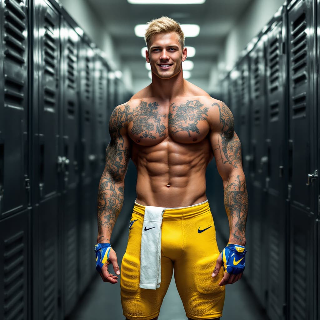AI generated: Locker room, tall college football player, neat short blond hair, blue eyes, muscles, yellow shiny m...