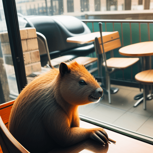 AI generated: Capybara in a cafe sipping on some coffee staring out the window