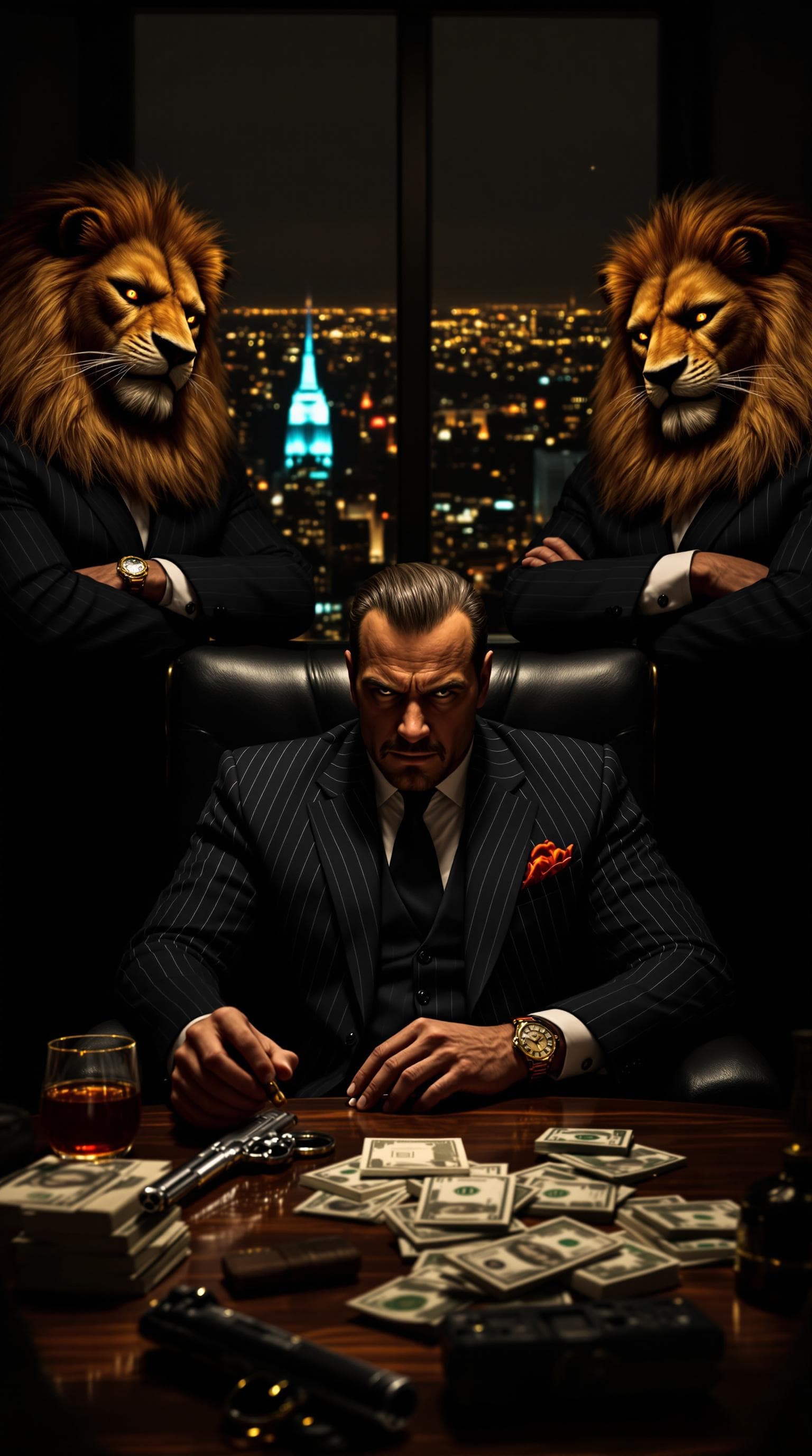 AI generated: In a penthouse suite high above Manhattan, a ruthless crime boss sits in a black leather chair, his ...