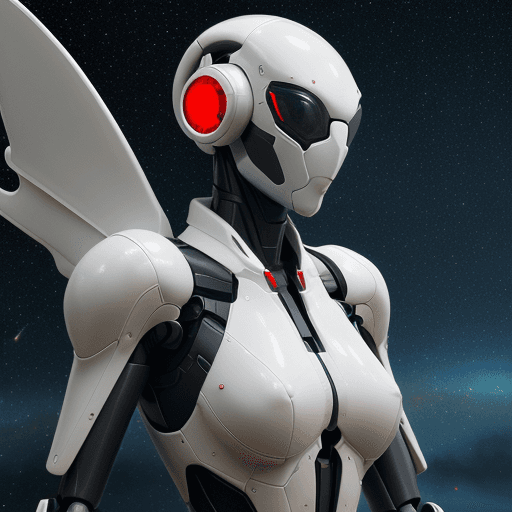 AI generated: portrait:2, streamlined Sci-fi mech, slender figure in a fighting stance, glossy white red max detai...