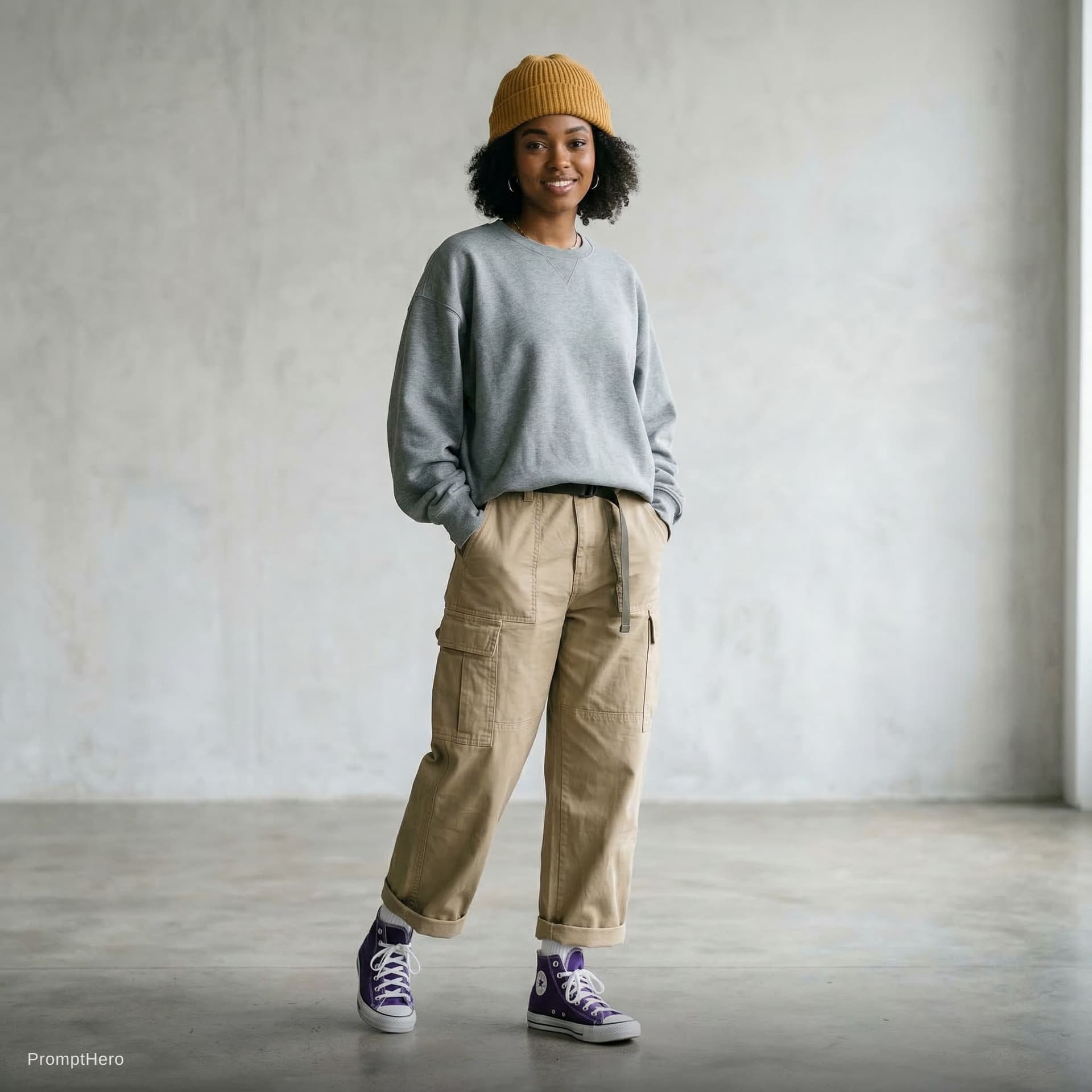 AI generated: streetwear fashion editorial, full-body, wearing a mustard yellow color beanie hat, oversized grey s...