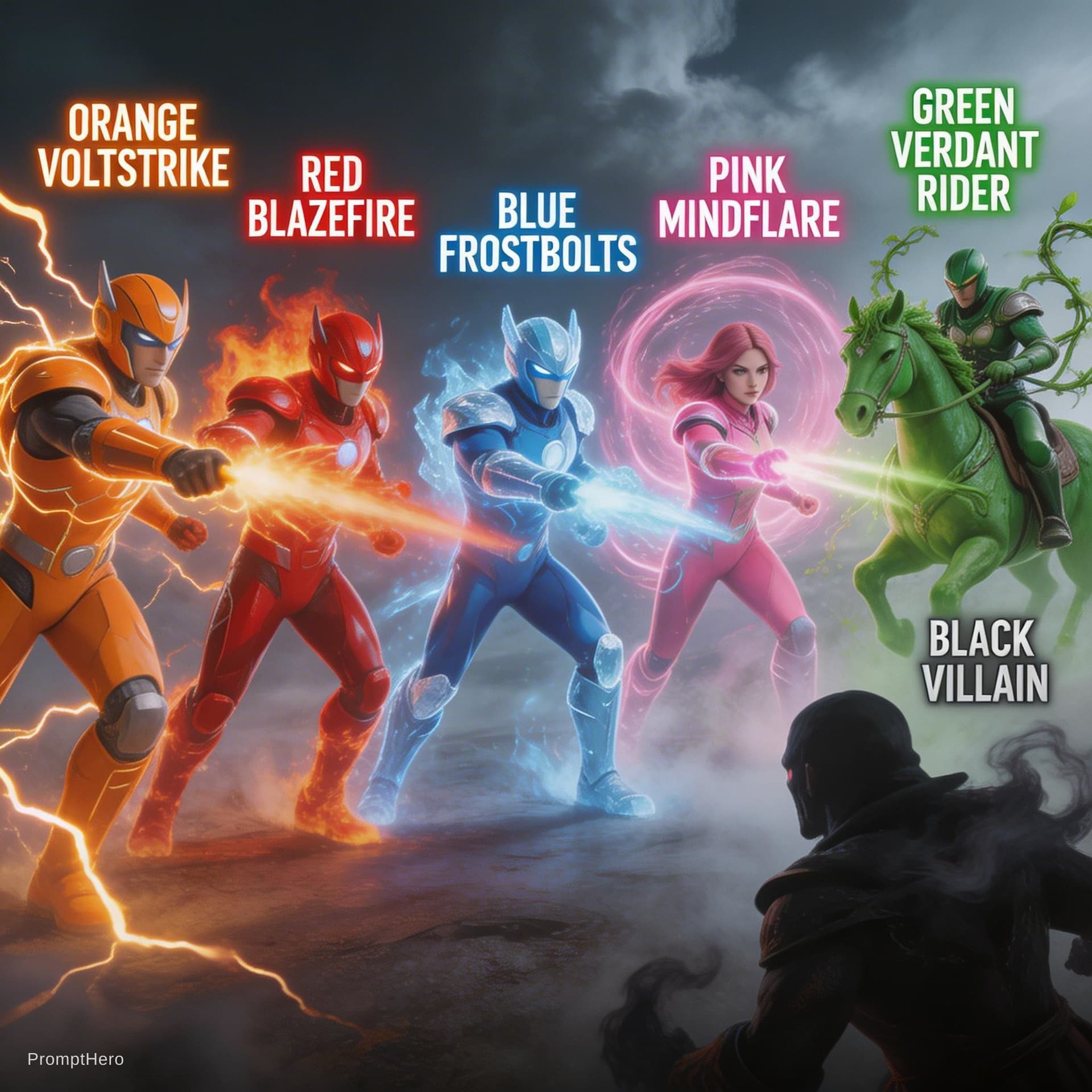 AI generated: "Orange VoltStrike, Red BlazeFire, Blue FrostBolts, Pink MindFlare, Green Verdant Rider, uniting pow...