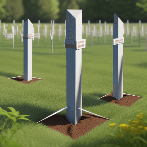 AI generated:  stakes planted in the ground, tip upwards, aligned and spaced 1.5m apart, they measure 1.5m high an...