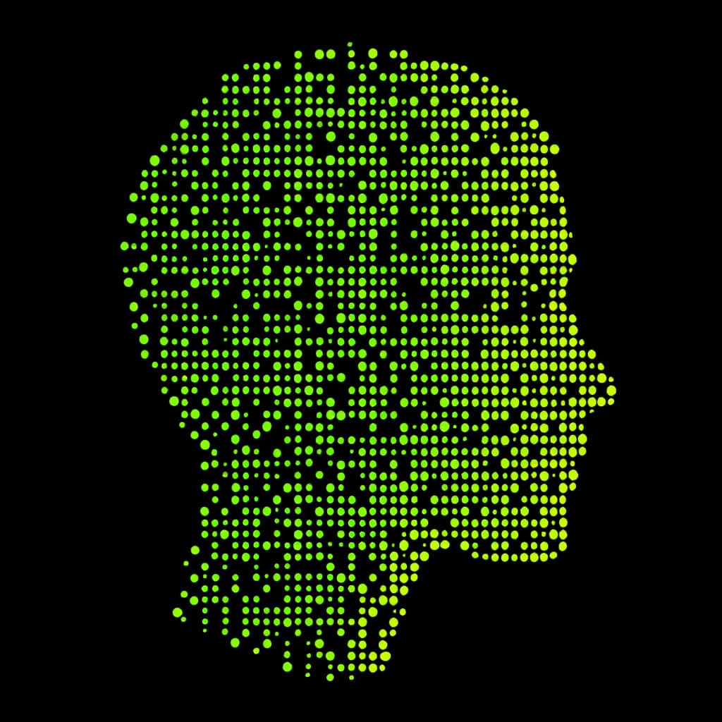 AI generated: a simple green dotted dots forming the shape of a man face in matrix, flat design, vector illustrati...
