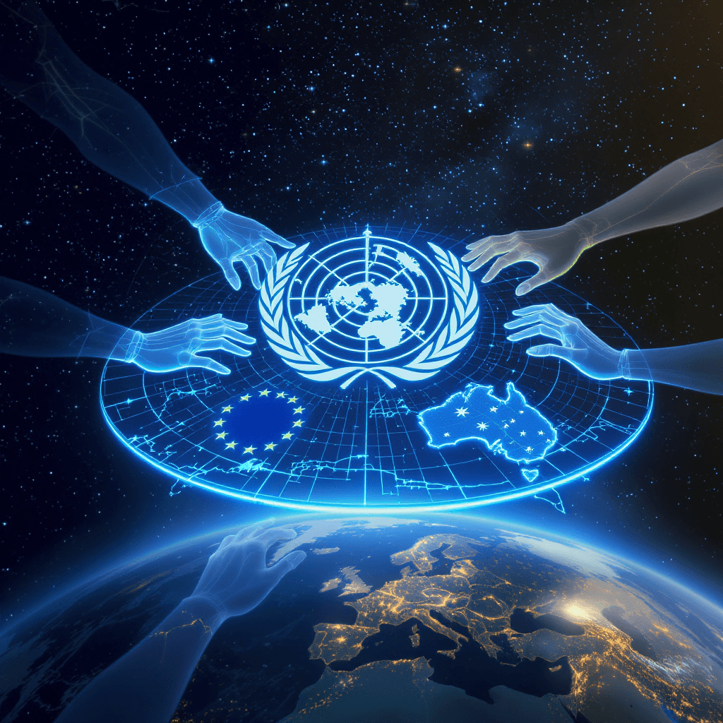 AI generated: A glowing round table floating above Earth, holographic emblems of UN, EU, AU and ASEAN projected on...