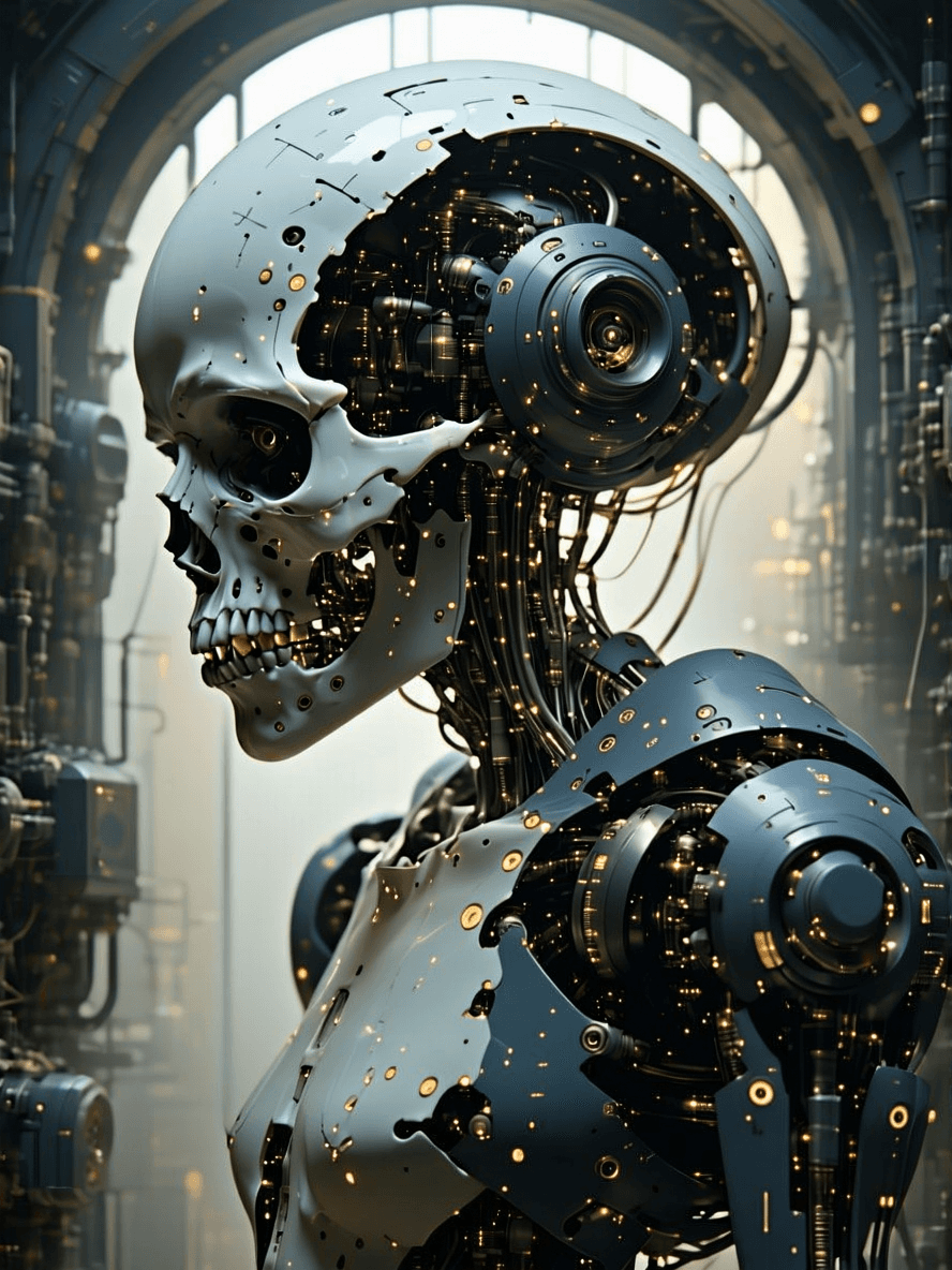AI generated: A disturbing and surreal scene portraying a (concept of humanity) at a crossroads, where the essence...