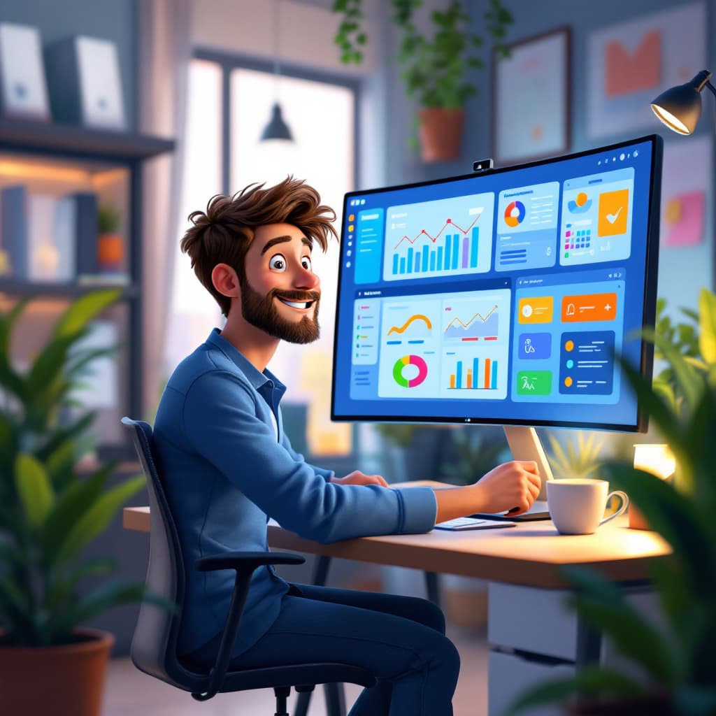 AI generated: Create a Pixar-style digital illustration of a cheerful office worker using a modern report builder ...