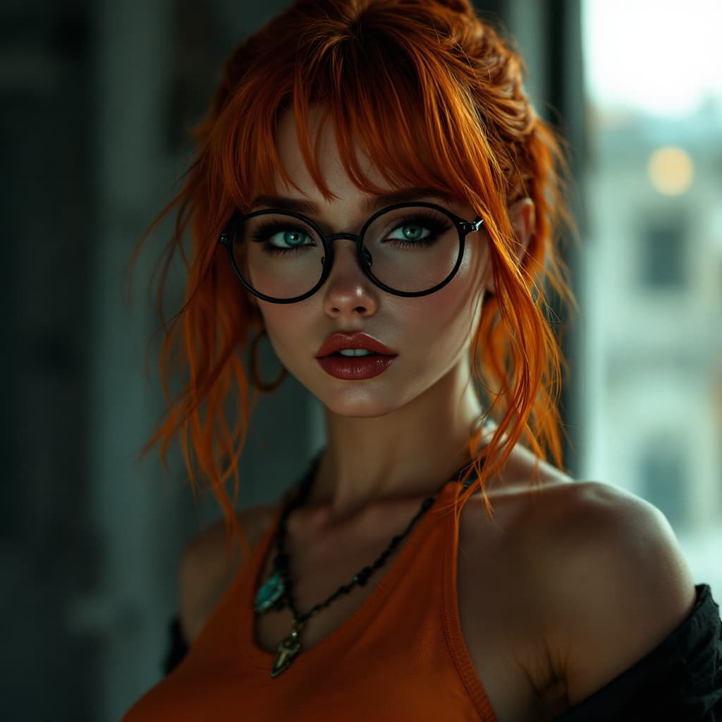 AI generated: Photo of a ultra realistic of velma from scooby-doo, very sultry look, so hot girl, beautiful charis...