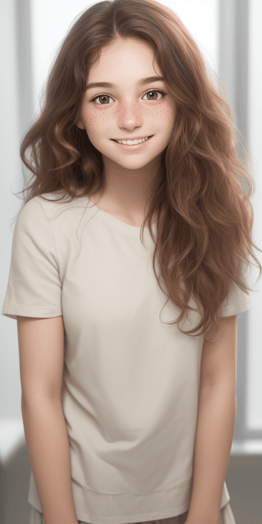 AI generated: [Three-quarter close-up: :12], [Innocent face, plain brown wavy hair, (fair skin: 1.2), freckles on ...