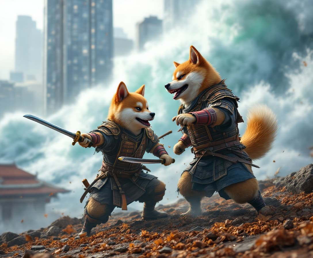 AI generated: Hyper-realistic, cinematic and epic scene set on cute Shiba inu dog team are wearing Samurai armor a...