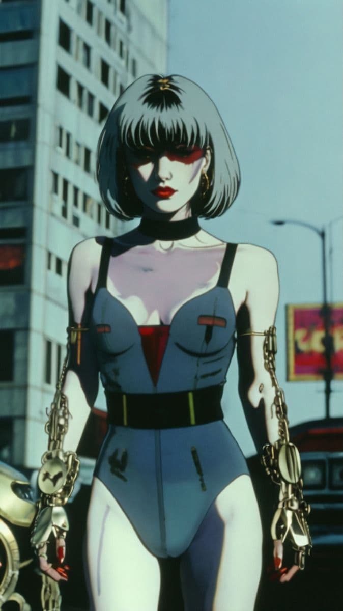 AI generated: 1980-s manga aesthetics,futurewoman,bobhair,megapolis,bodysuit