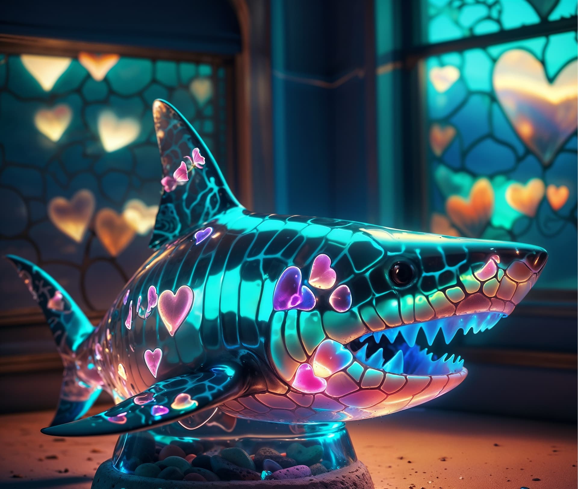 AI generated: A captivating, surreal artwork depicting a transparent shark -shaped container-statue sculpture fill...
