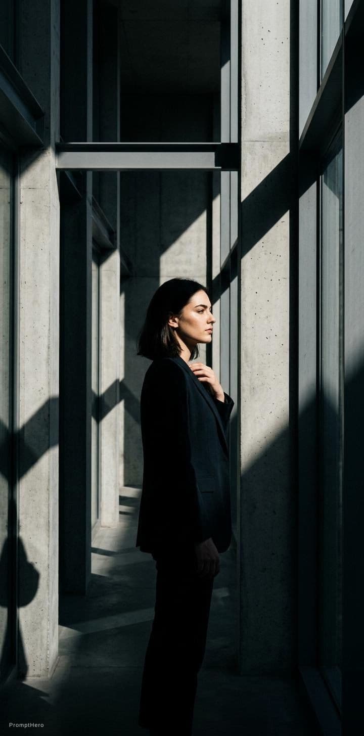 AI generated: high-resolution photograph, woman, stunning use of shadows, in the syle of crisp lines and forms,  U...
