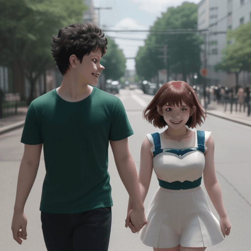 AI generated: Uraraka Ochako and Izuku Midoriya holding hands, Boku no Hero Academia, HD, ultra realistic