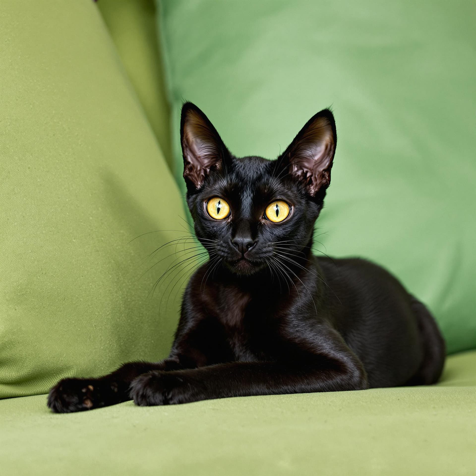 AI generated: A skinny black cat with stunning Yellow eyes sitting on a green sofà lazing , booking the floor