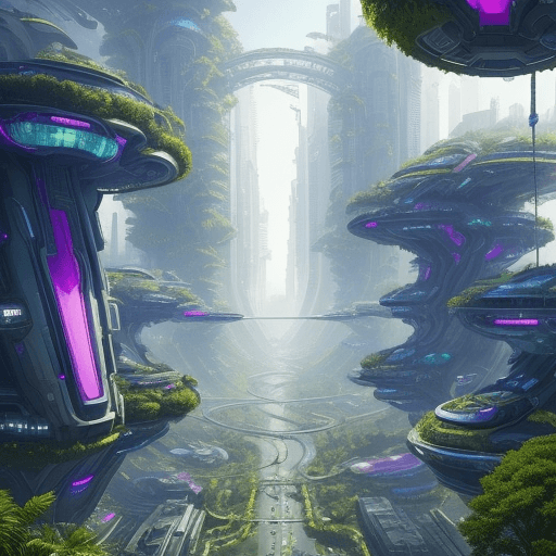 AI generated: a view of a city with a lot of trees and bushes, garden, flying objects beautiful city of the future...