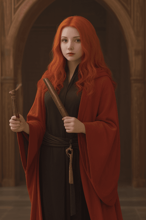 AI generated: A young female mage, red and black robe, golden hair, 