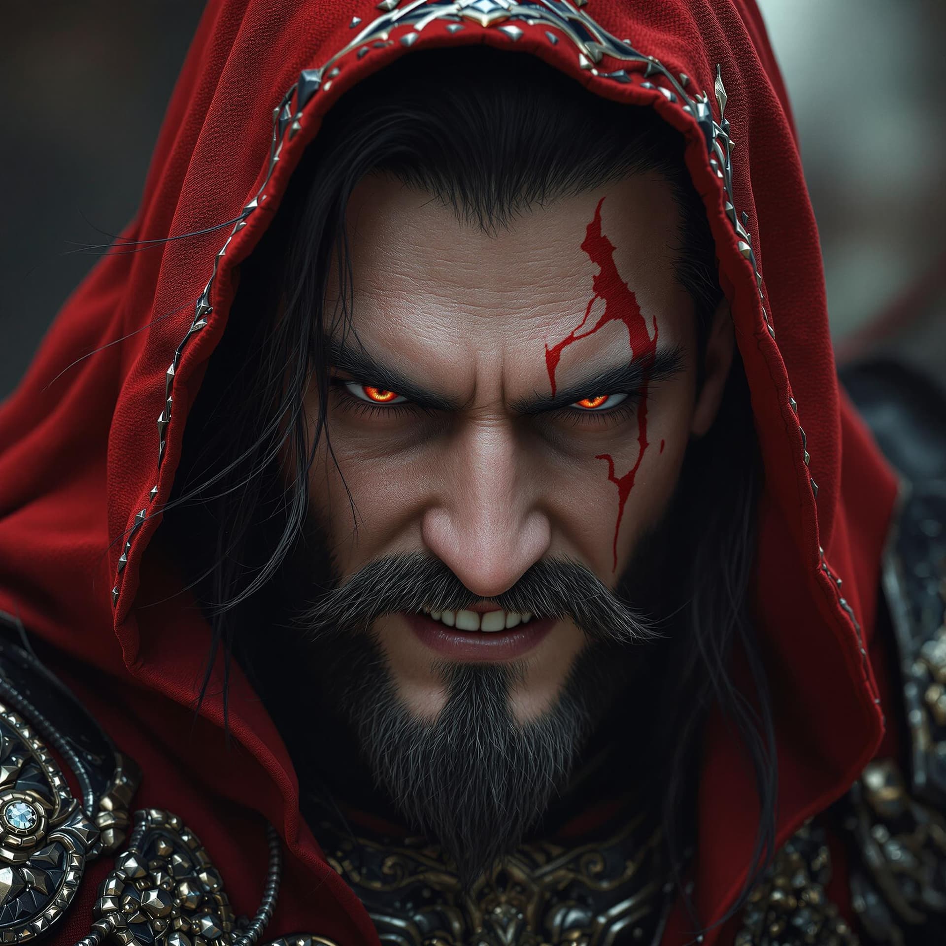 AI generated: High resolution photography, photorealistic close-up portrait mature male vampire. flowing long dark...