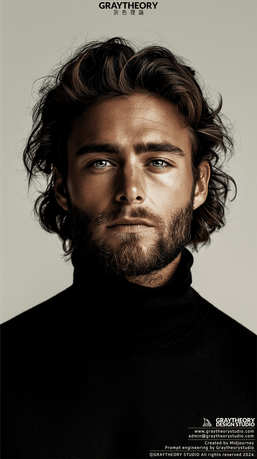 AI generated: Photograph, man, model pose, minimalist, stylish nessy long hairstyle, beard, profound gaze, solid w...