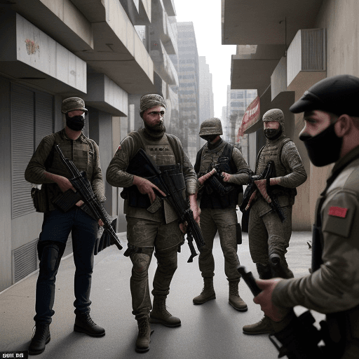 AI generated: A group of civil men, wearing casual clothes, armed with firearm weapons, inside the city preparing ...