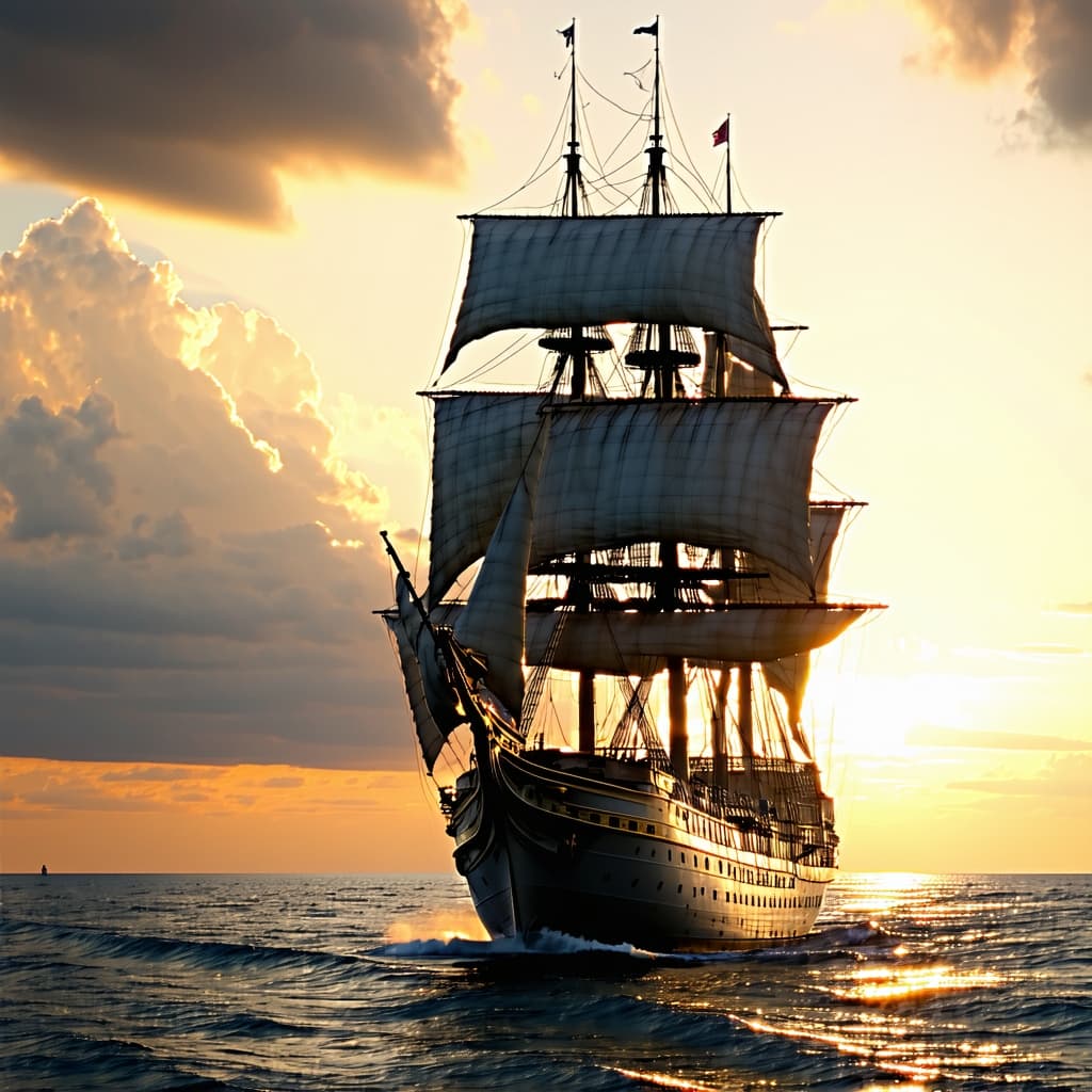 AI generated: Photo of a ultra realistic sailing ship, dramatic light, pale sunrise, cinematic lighting, battered,...