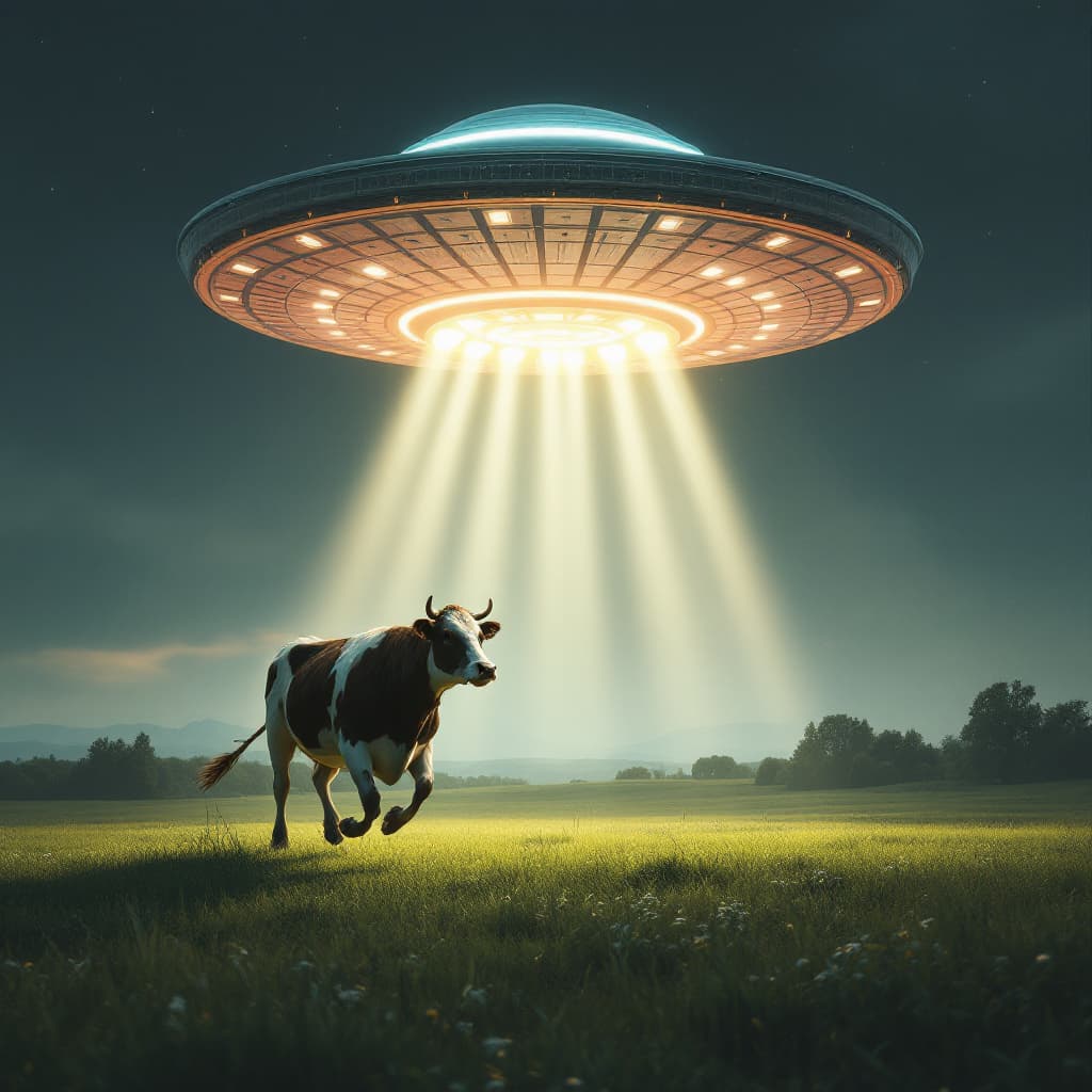 AI generated: A large flying saucer shines down light on  a cow running around in the field, in the style of vinta...